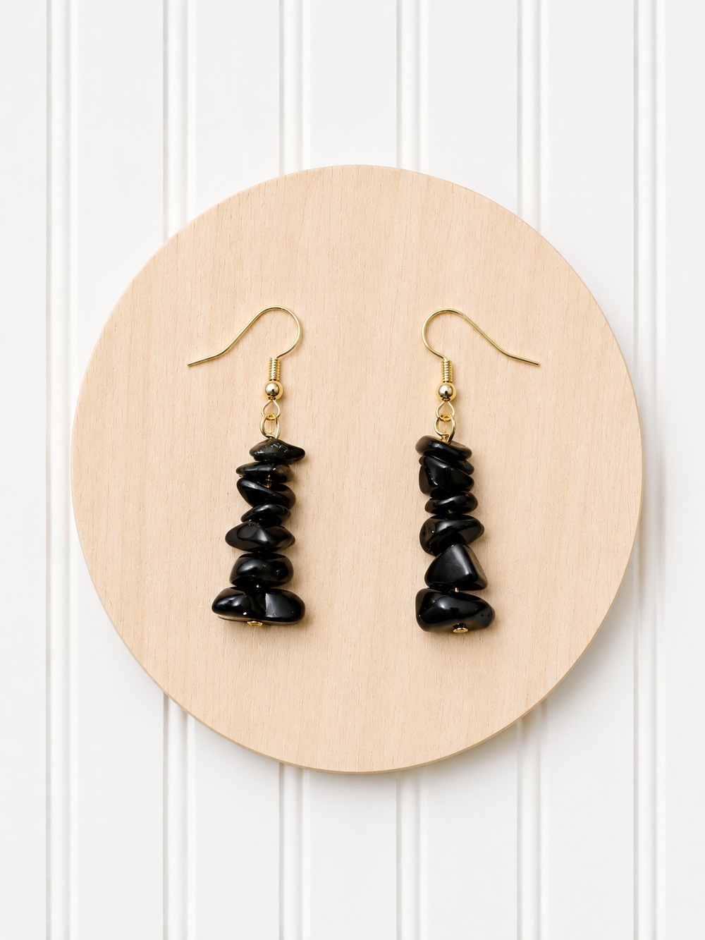 Black Natural Obsidian Gemstone Chip Bead Stack Dangle Earrings